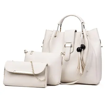 

3 pieces/set Elegant Lady Composit Bag Wood Beads Tassel Decoration Handbag Shoulder Bag Crossbody Bag Wallet Mobile Phone Bag