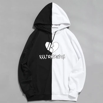 

XXXtentacion 2019 Large Size Loose Plus Velvet Hooded Long Sleeve Men Fashion Casual Creative Color Block Stitching thin Hoodies