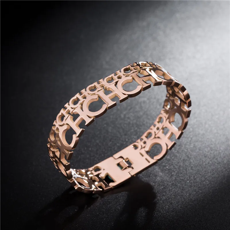 Модный браслет из нержавеющей стали из розового золота с двойными слоями CH с надписью, Модные женские ювелирные изделия