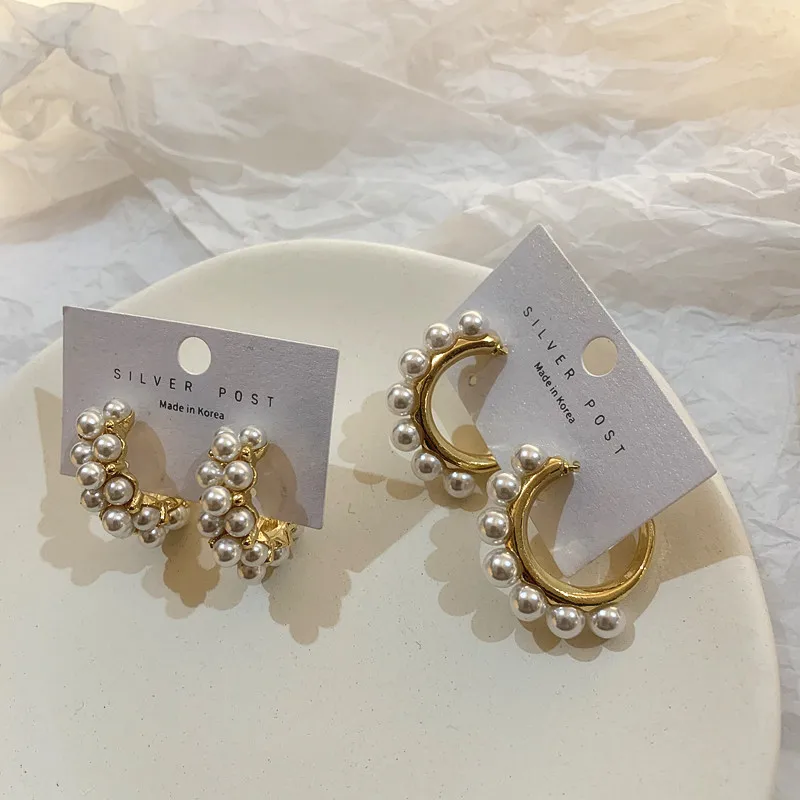 Корейские простые геометрические круглый жемчужные серьги, изогнутые большие серьги-кольца для женщин и девушек, вечерние ювелирные изделия на свадьбу, подарок