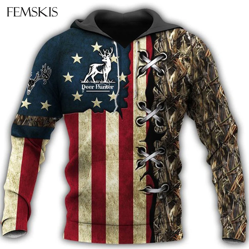 FEMSKIS Camo Hunter олень американский флаг Охота 3D толстовки с капюшоном для мужчин и