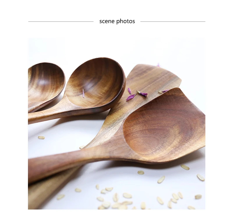 Thailand Teak Natural Wood Tableware Spoon Ladle Turner Long Rice Colander Soup Skimmer Cooking Spoons Scoop Kitchen Tool Set
