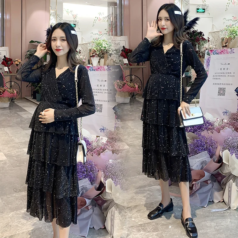 

Photo Shoot 2019 Autumn Clothing New Style Fashion-Nursing Maternity Clothes Cake Dress Mid-length Elegant Flashing Dress