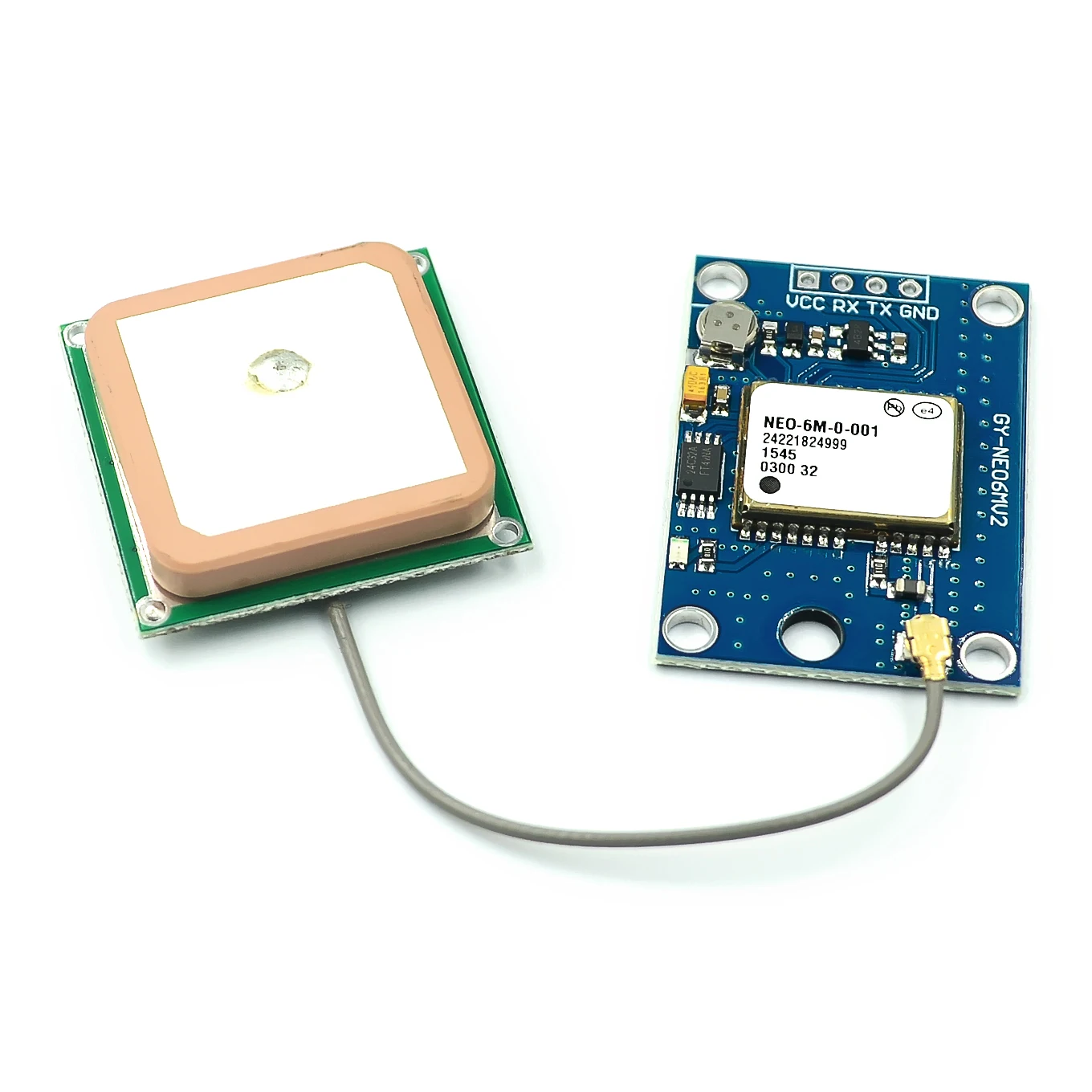 Antenne céramique du module GPS NEO-7M, détail de la piste de cuivre sur le dessus.