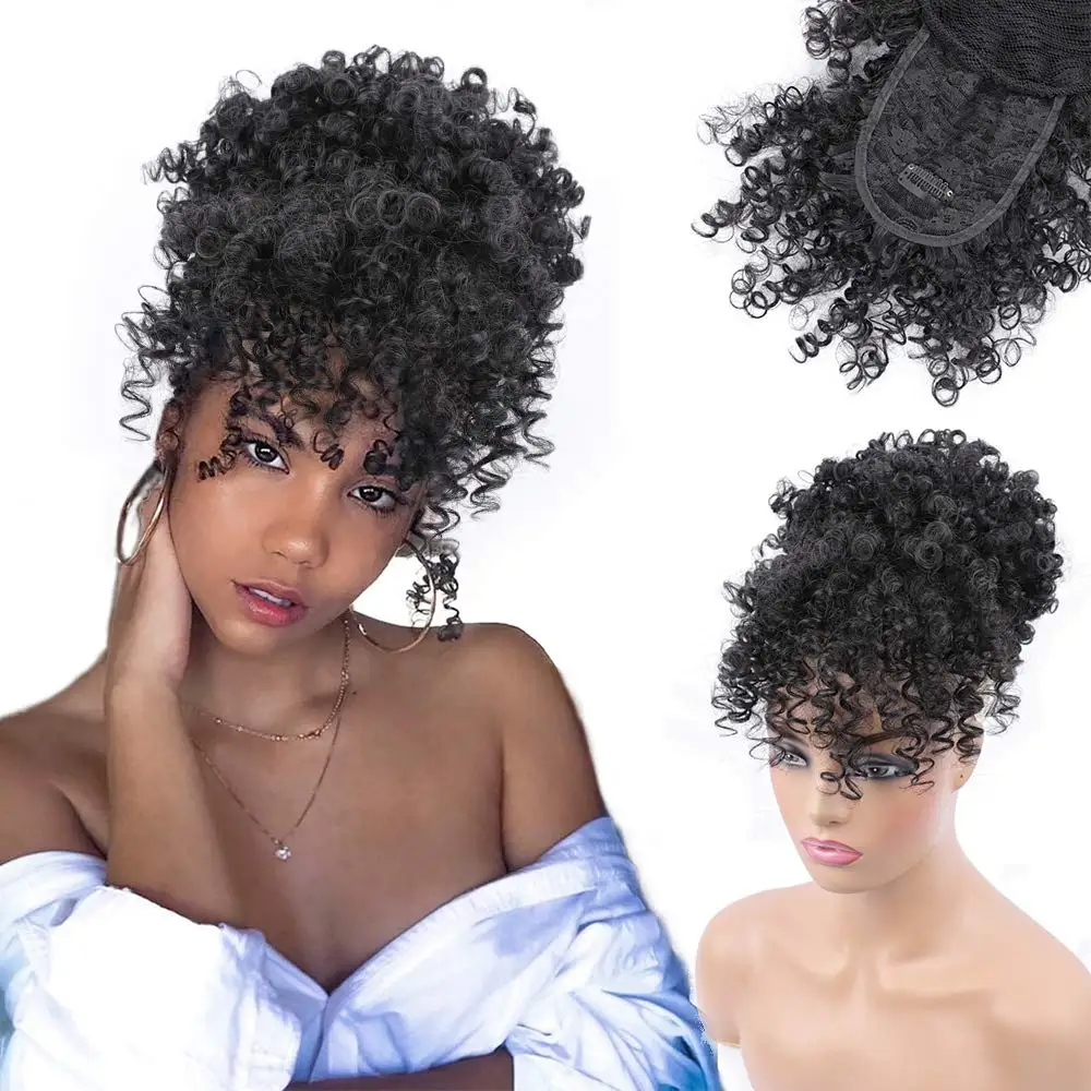 

Kong&Li Afro Kinky Curly High Puff Drawstring Ponytail With Bangs Wig Wrap Synthetic Clip in Hair Extension African