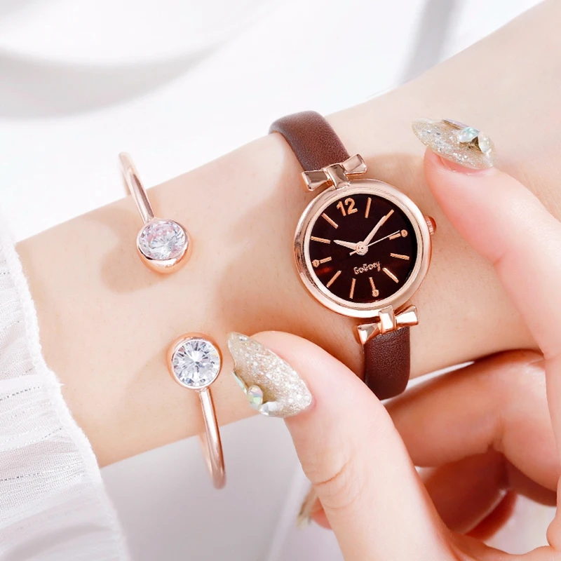 Brown With Bracelet Женский браслет, часы, набор, роскошная женская одежда, кожаный ремешок, аналоговые кварцевые часы, модные спортивные наручные часы, Reloj Mujer - Цвет: Brown With Bracelet
