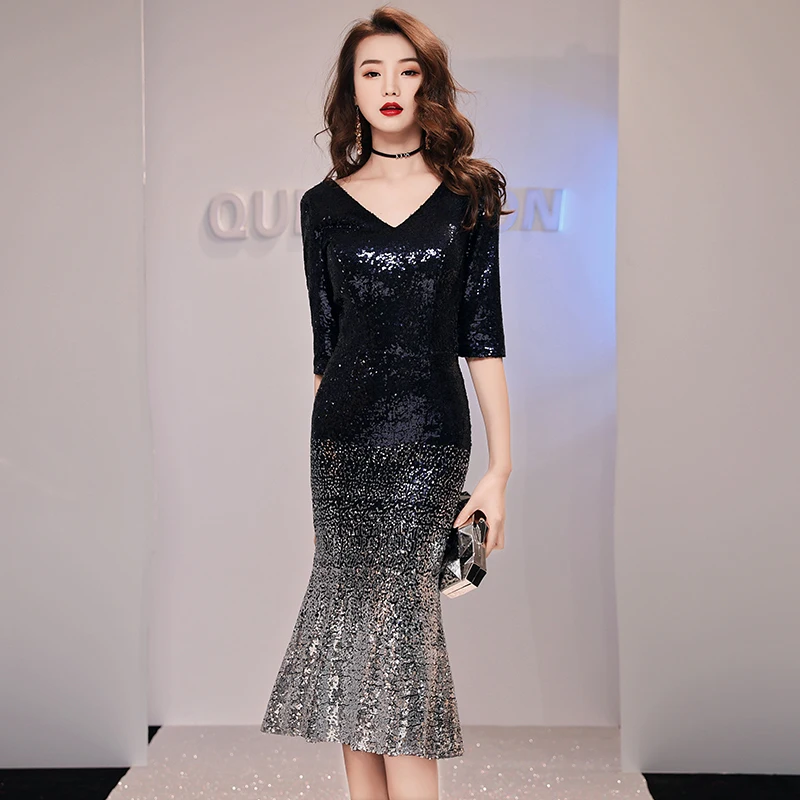 

Silver Evening Party Dress Gown Women Short Tight Novelty Cheongsam Vestidso Half Sleeve Sequined Mermaid Qipao Big Size 3XL