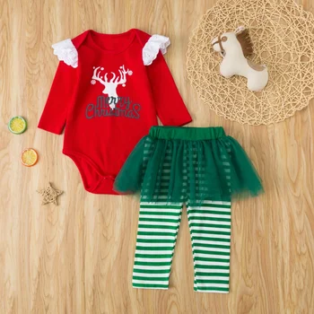 

Baby Christmas Gift Sets Newborn Baby Girl Printed Long Sleeve Romper + Striped Culottes Two-piece Outfit Set Infant Clothing