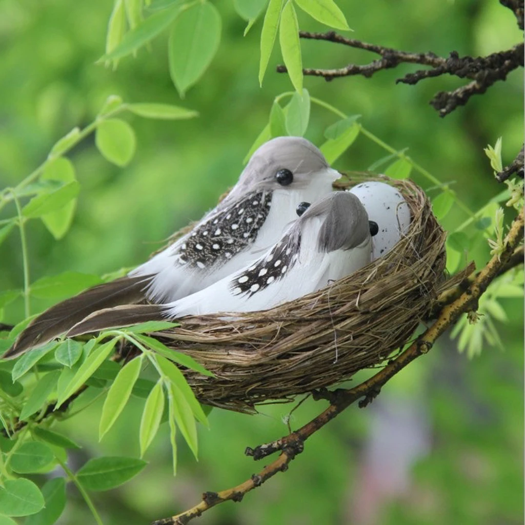 Artificial Birds & Nest & Egg Creative Garden Sculpture Lawn Art Ornaments 
