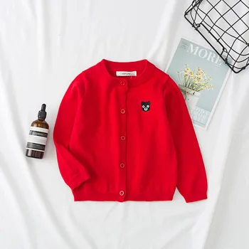 

2019 New Fashion Kids Autumn Children's Sweater Cardigan Simple Cute Bear Round Neck Embroidery Pattern Cotton Knit Baby Sweater