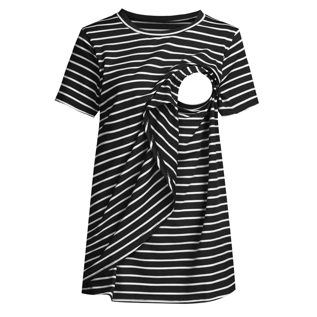Женская летняя одежда для беременных; Повседневная хлопковая Футболка с круглым вырезом для беременных; женская футболка в полоску с коротким рукавом и принтом; топы