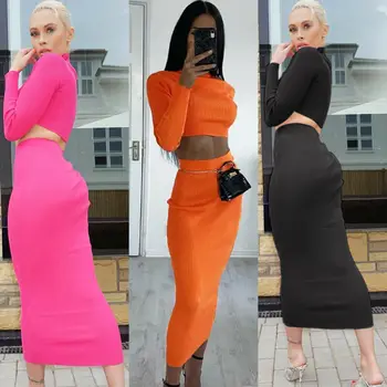 

Fashion Women Long Sleeve High Collar Loose Crop Tops Baggy Casual Short T-shirt + High Waist Slim Pencil Skirt Set