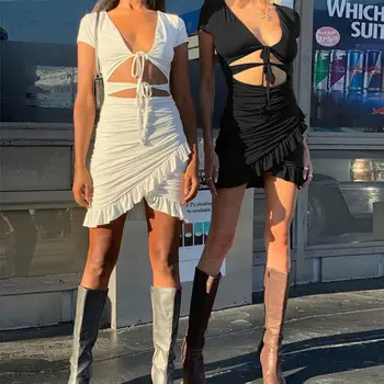 

Women V Neck Wrap Short Mini Dress Ladies Bodycon Party Dress Sheath Elegant Vintage Solid Color Short Sleeve Summer Sundress