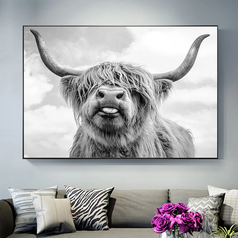 Черно белые картины яка Highland Cow Wild картина с рисунком животных постеры и принты