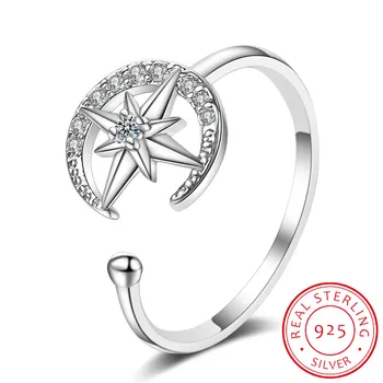 

Real 925 Sterling Silver Shiny Zirconia Moon Star Adjustable Ring For Charming Women Wedding Romantic Fine Jewelry Gift