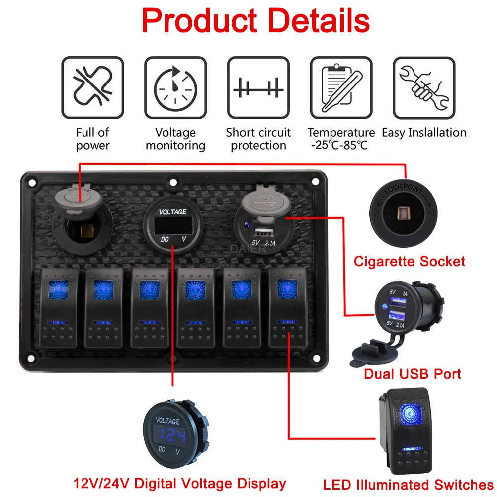Schakelpaneel 12 volt met usb (blauw led) - Bootonderdelen