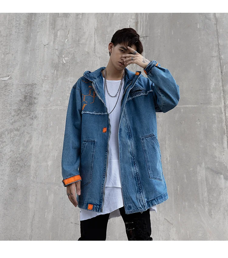 Синяя джинсовая куртка с капюшоном для мужчин Уличная Harajuku длинная Стильная джинсовая куртка негабаритных мужские джинсовые куртки Patchs манжеты махровые липучки