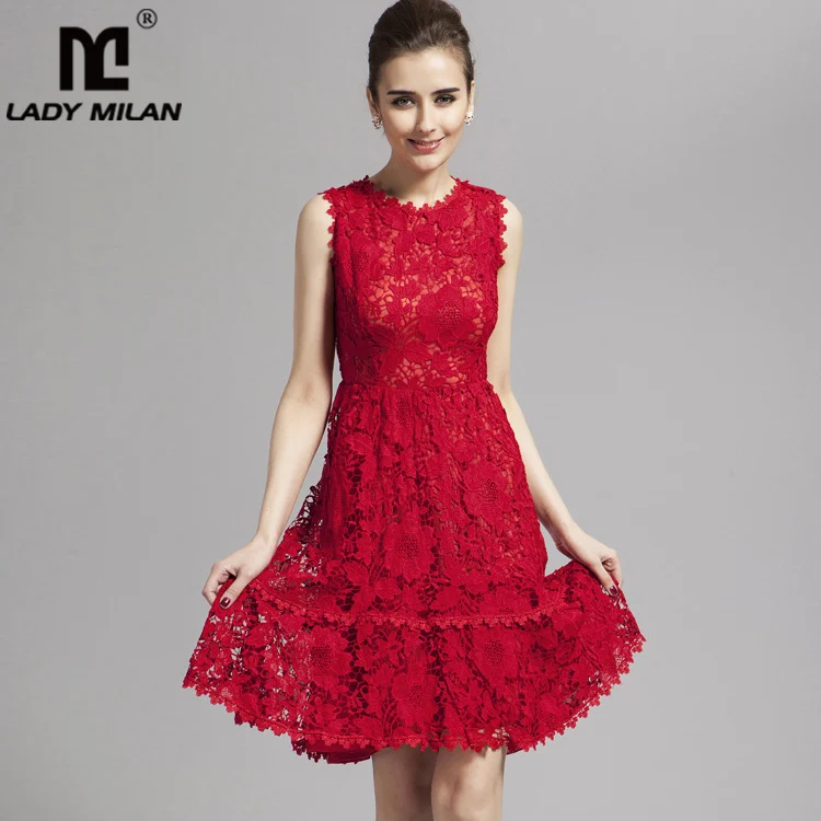 

Lady Milan Women's Runway Dresses O Neck Sleeveless Embroidery Lace High Street Fashion Designer Red Dresses