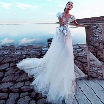 

Backless Muslim Wedding Dresses A-line Deep V-neck Tulle Appliques Flowers Beach Boho Cheap Wedding Gown Bridal Dresses