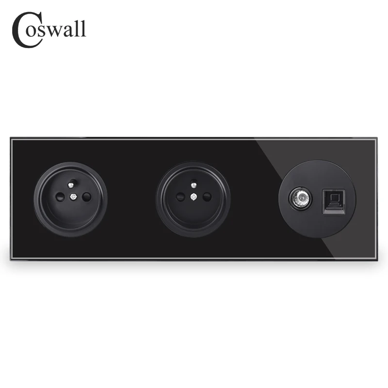 Coswall Хрустальная стеклянная панель двойная французская стандартная настенная розетка+ женский ТВ разъем с CAT5E RJ45 компьютерный разъем R11 серия - Тип: Black