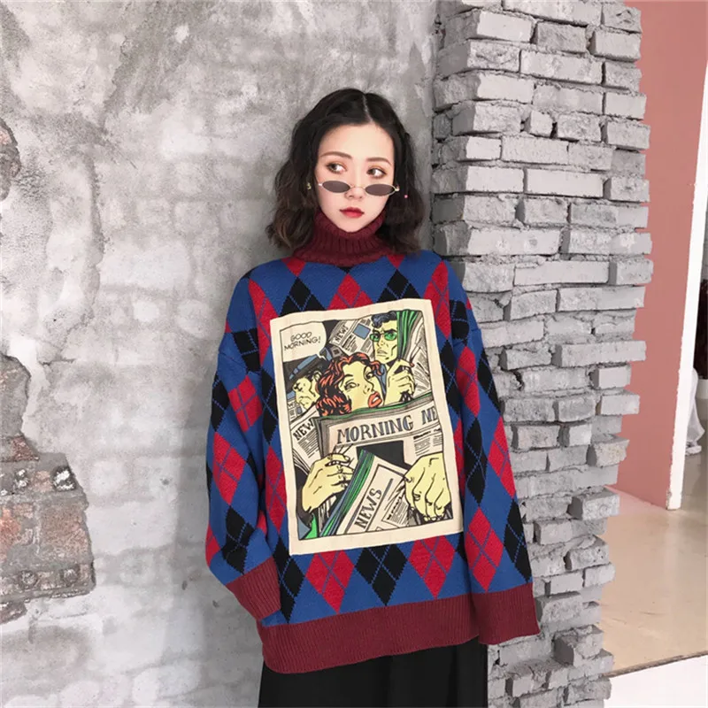 Теплый свитер женский корейский Свободный Harajuku стиль мультфильм высокий воротник пуловер большой размер свитер