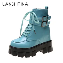 Ботинки в стиле панк; женские кроссовки из лакированной кожи на платформе; сезон осень; Плюшевые ботинки до середины икры на танкетке; зимние теплые ботинки на меху в байкерском стиле