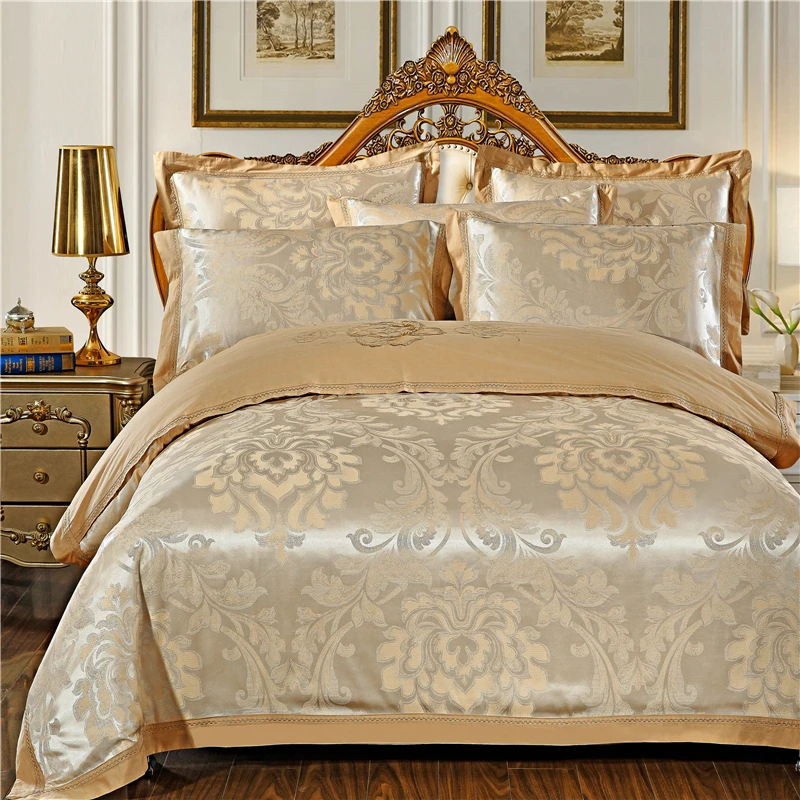 Hot 4/6 Pcs Luxury Golden Gold King Queen size Jacquard Bedding Set Satin Cotton bed Duvet Cover Bed Sheet And Pillowcases