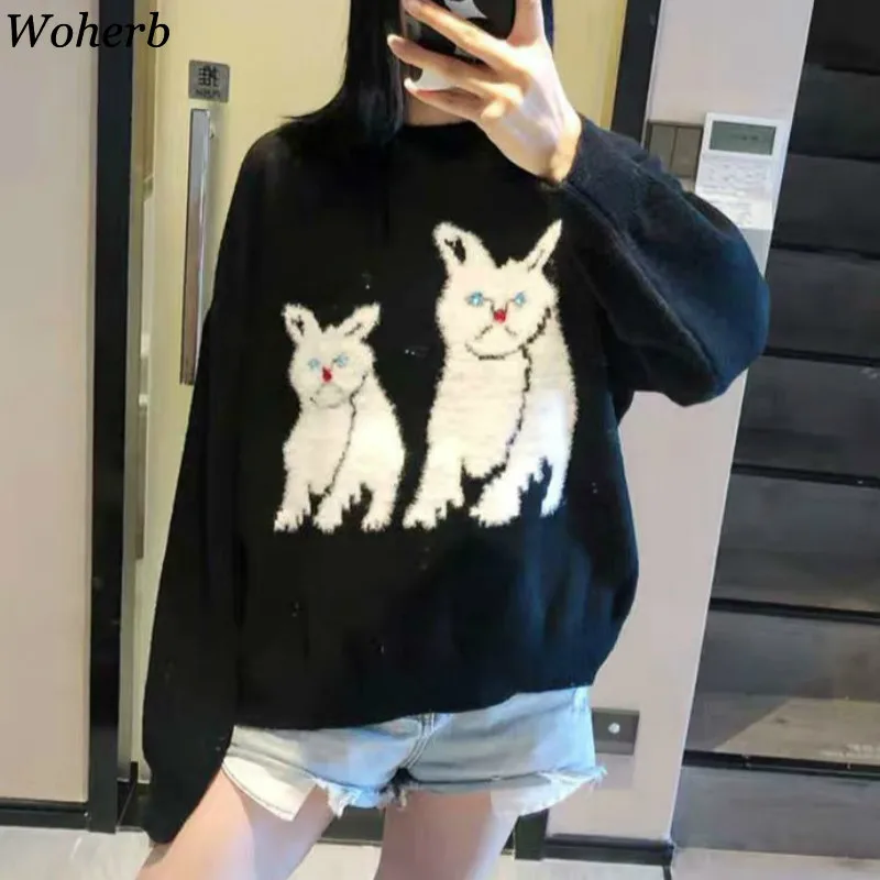 

Woherb Harajuku Sweater Women Cat Pattern Long Sleeve Black White Color Knitted Pullover Casual Loose New Jumpers Female 90736