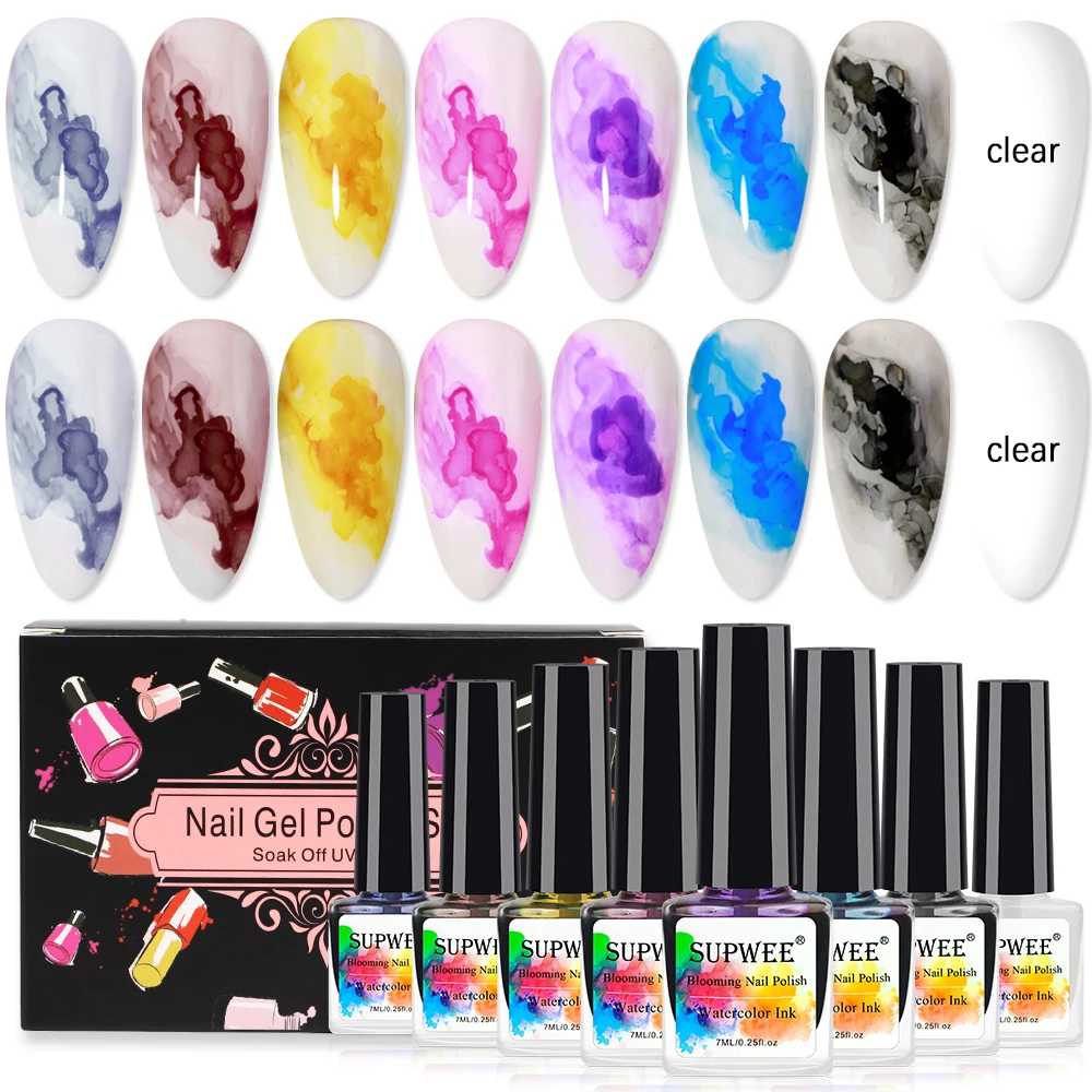 

Supwee 8pcs/Set Blooming Nail Gel Watercolor Ink Smoke Effect Gel Varnish Soak off Transfer Color Blossom Nails For Nail Design