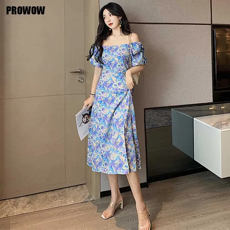 

Vintage Chiffon Female Floral Print One-Piece Dress 2020 Summer Fashion Sexy Split Slim Puff Sleeve Dress Women Elegant Dresses