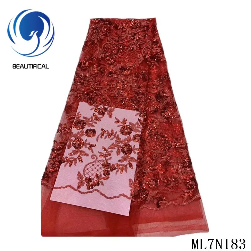 

Beautifical nigerian lace fabrics Fashion embroidery flowers net lace fabric with sequins 5yards french lace fabric ML7N183
