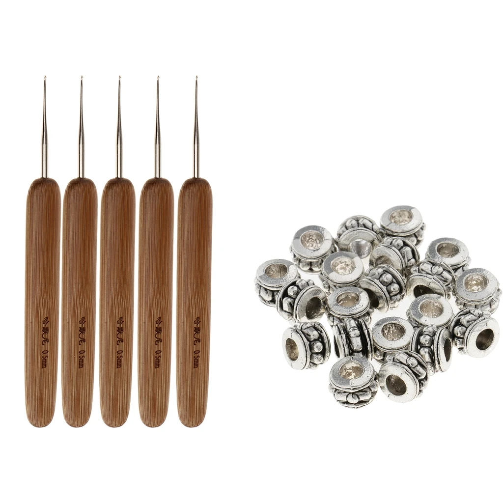 5Pcs Bamboo Hair Weaving Crochet Hooks 0.5mm + 20pcs Hair Dreadlocks Beads