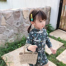 Осень г.; милое платье Чонсам с цветочным принтом для девочек в китайском стиле; Модное детское платье с длинными рукавами и высоким воротником