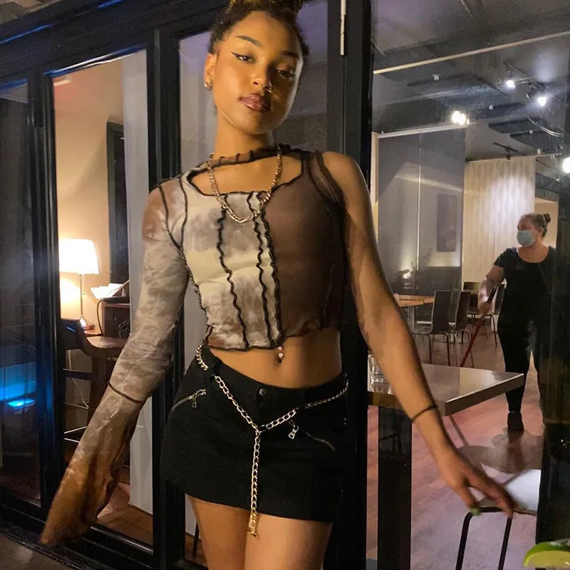 

Sexy Single Side Sleeve Reverse Stitch Crop Top For Women's Long Sleeve Round Neck Short Cut T-shirt 2020 Lady Party Wear