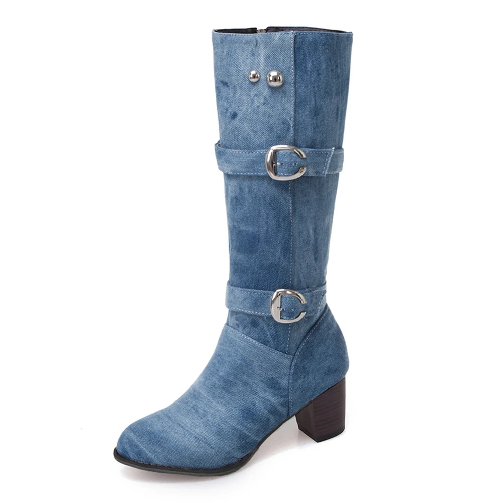 light blue KARINLUNA/Новые модные осенне-зимние ботинки на меху размера плюс 34-48 женская обувь женские ботинки до середины икры на не сужающемся книзу массивном каблуке на молнии - Цвет: light blue