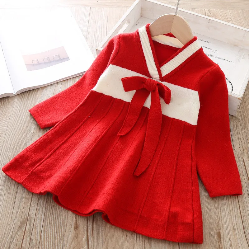 Ethnic style V-neck embroidery knit dress Autumn and winter new children's sweater dresses girls princess warm dress