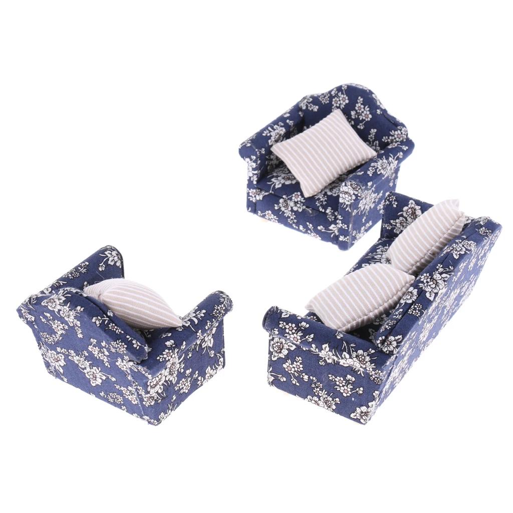 1/12 Dolls House Furniture Living Room Sofa Armchairs Cushions Pillows Blue