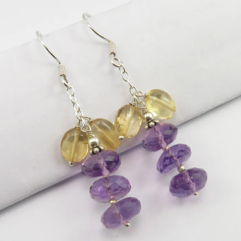 

Solid Silver Natural AMETHYST, Citrines Beads Dangle Earrings New Art