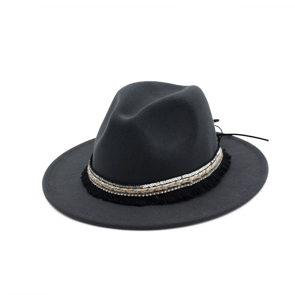 Fashion Women Wool Fedora Hat With Tassel Ribbon Jazz Hat Elegant Lady Fascinator Autumn Wide Brim Church Hat Size 56-58CM - Цвет: Dark Gray