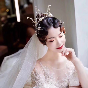 

JINJIAN 2019 New Bride Headdress Korean Pearl Round Crown Super Xiansen Hair Accessories Wedding White Yarn Dress Accessories