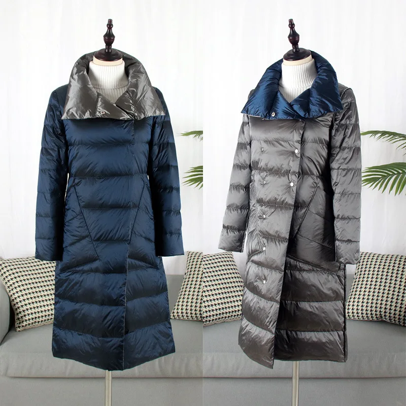 Dark blue silver Пуховик на утином пуху для женщин, зимняя новинка, Двусторонняя одежда, верхняя одежда, пальто, женский длинный Повседневный светильник, ультра тонкий теплый пуховик, пальто - Цвет: Dark blue silver