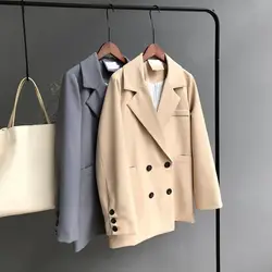 2019 Женская Осенняя новая куртка с длинными рукавами Женская Корейская версия сплошной цвет Двубортный повседневный блейзер