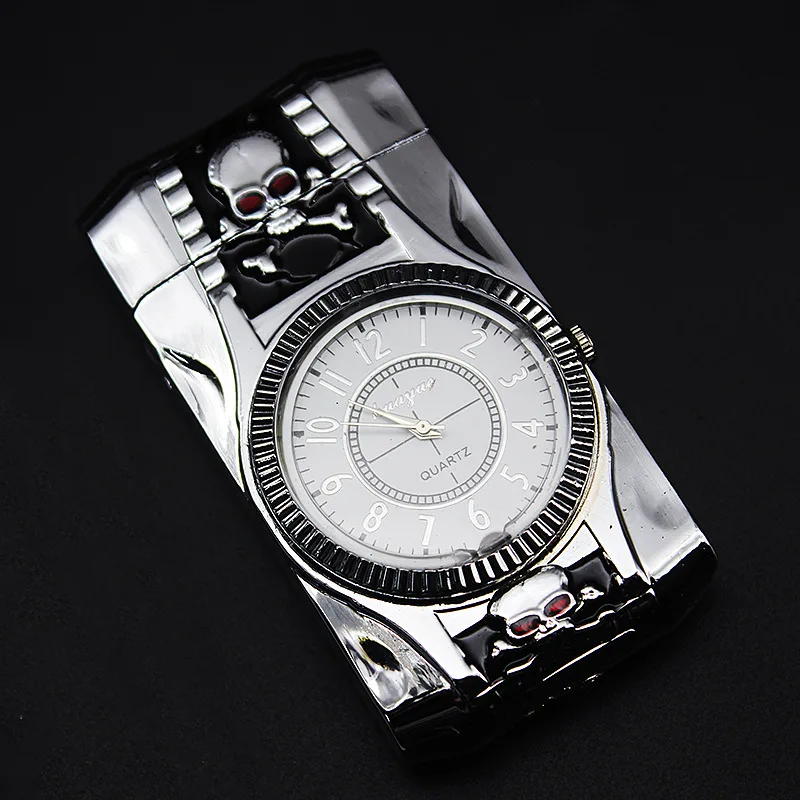 Skull Silver Роскошные золотые часы, струйная зажигалка, фонарь, турбо-газовая зажигалка, ветрозащитная сигарета, металлическая зажигалка, светодиодная надутая бензиновая Бутановая Зажигалка - Цвет: Skull Silver