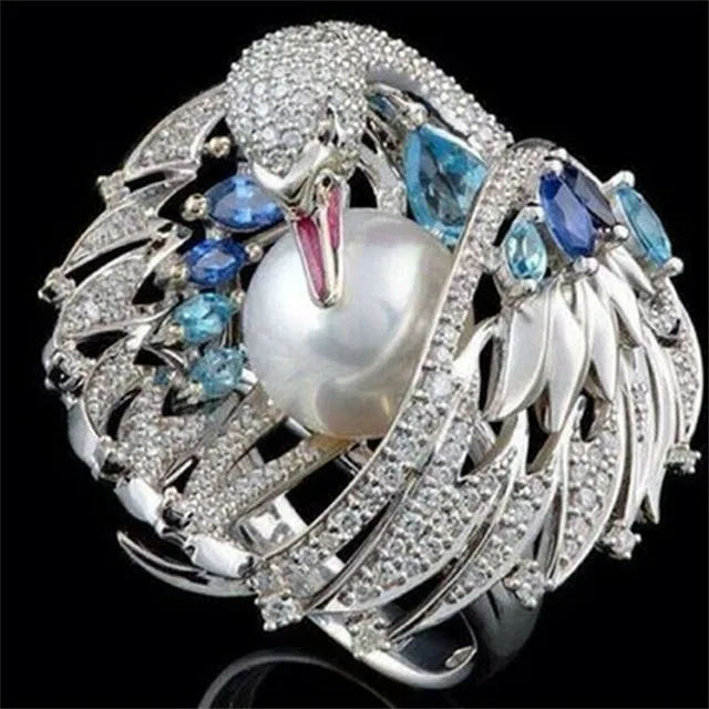 Classic White Swan Inlay Pearl Rings For Women Luxury Crystal Wings  Color CZ Wedding  Statement Jewelry Gift Z3P389 Ring P389