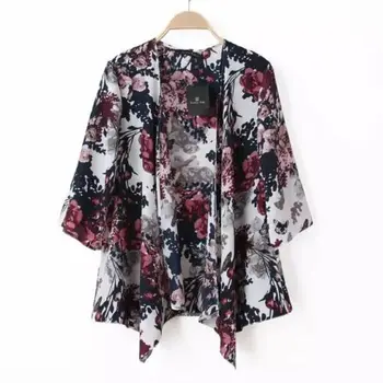 

Fashion Women Print Floral Kimono Loose Shirts Three Quarter Sleeve Casual Loose Chiffon Jacket Coat Cardigan Blouse Tops