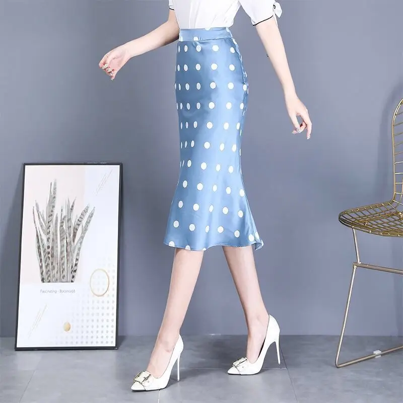 Summer Korean Women's Satin Skirt Plus Size Woman Midi Silk Women Polka Dot Print High Waist Skirts Faldas Mujer Moda 2021 Y377 skorts for women