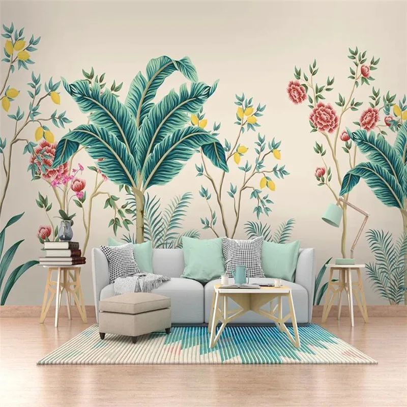 Large 3D wallpaper mural custom Nordic hand-painted plants flowers and birds bedroom background wallpaper mural