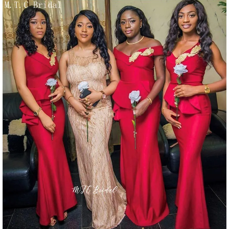 Красное платье подружки невесты с русалочкой, длинное,, золотые листья, v-образный вырез, платье подружки невесты в африканском стиле, платье подружки невесты для свадебной вечеринки по индивидуальному заказу