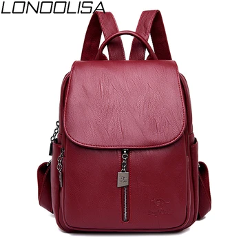 

LONOOLISA 2019 Women Leather Backpack Female Big Travel Back pack Sac A Dos Femme School Bag For Teenage Girls Bagpack Mochila