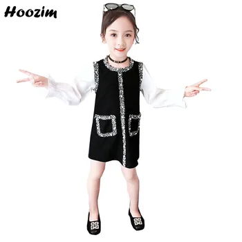 

Gorgeous Black Long Sleeve knee Length Straight Dress Girls 4-11 Years Luxury Princess Pearl O Neck Back Zipper Dresses Children